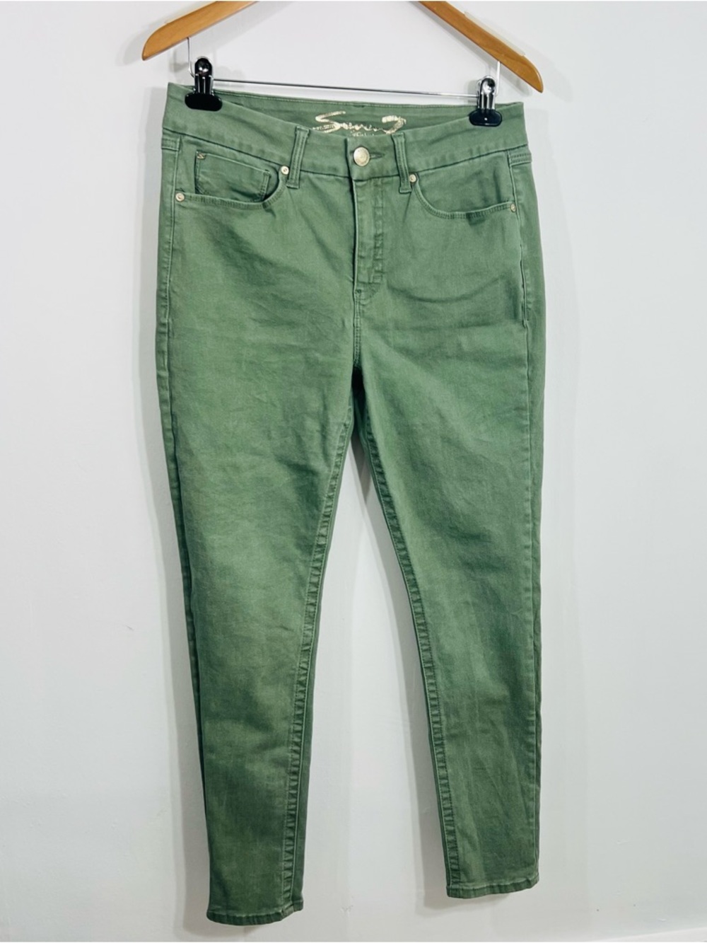 Seven7 Tummyless High Rise Skinny Natural Green Classic 5  Pocket Stretch Jeans